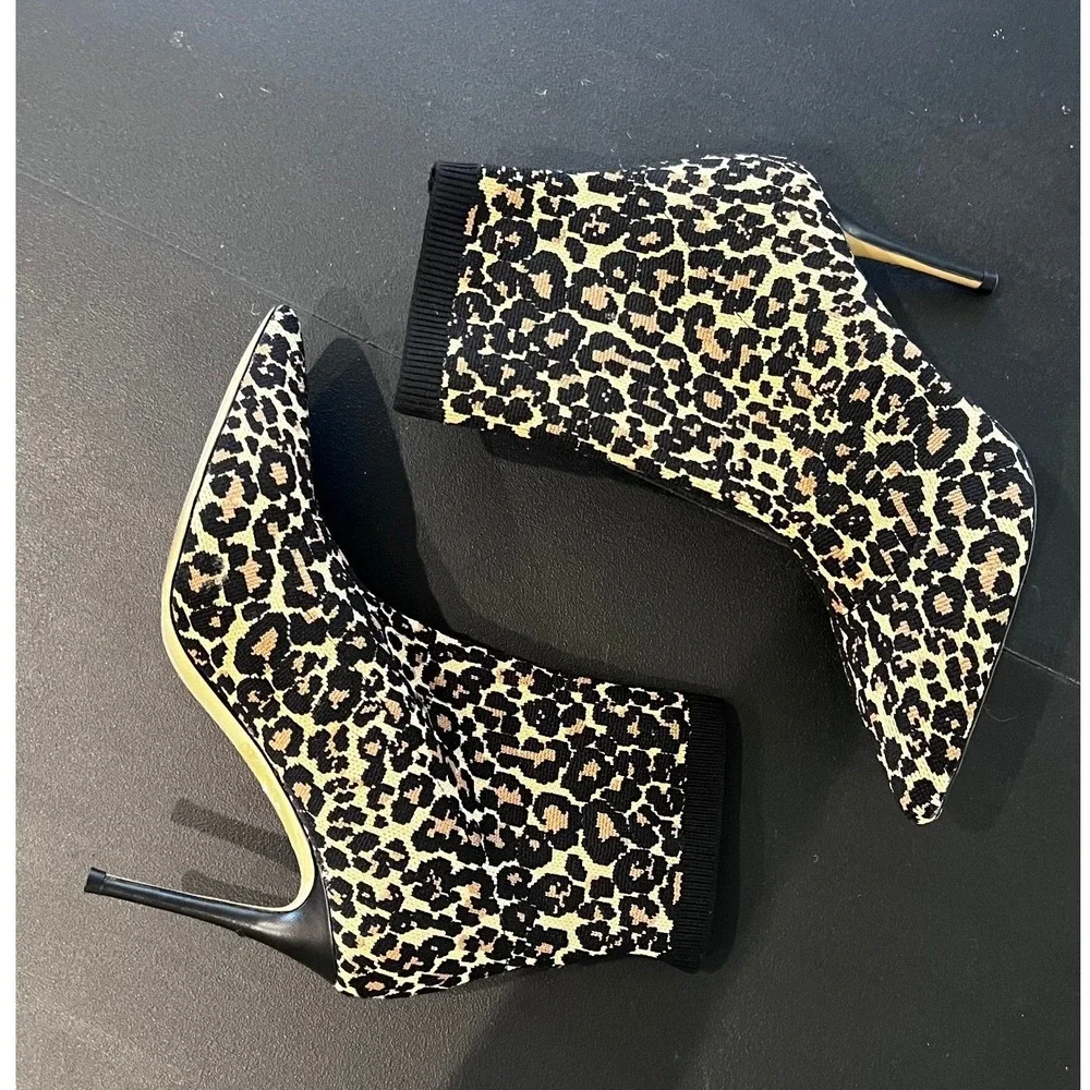 Something Navy Leopard Print Knit Sock Booties Pointed Toe Stiletto Heels Size 9